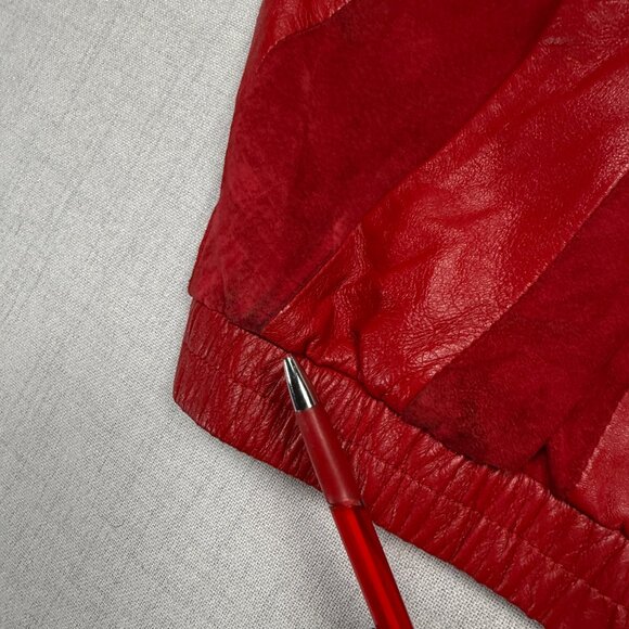 Vintage 80s Red Leather Suede Panel Jacket Batwing Button Front Bomber Size 36 - Picture 5 of 14